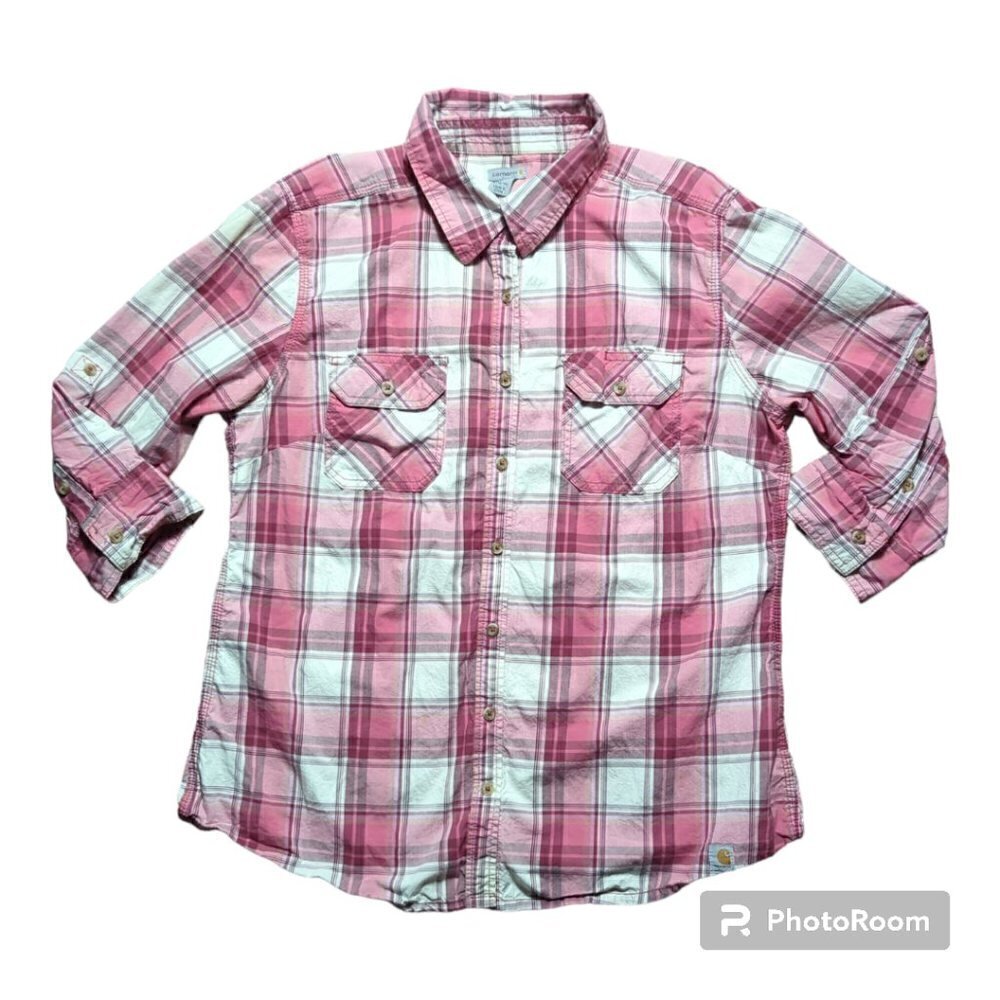 Carthartt Women's Button Up Shirt Pink Plaid L (12/14) Long Tab Sleeve Cotton